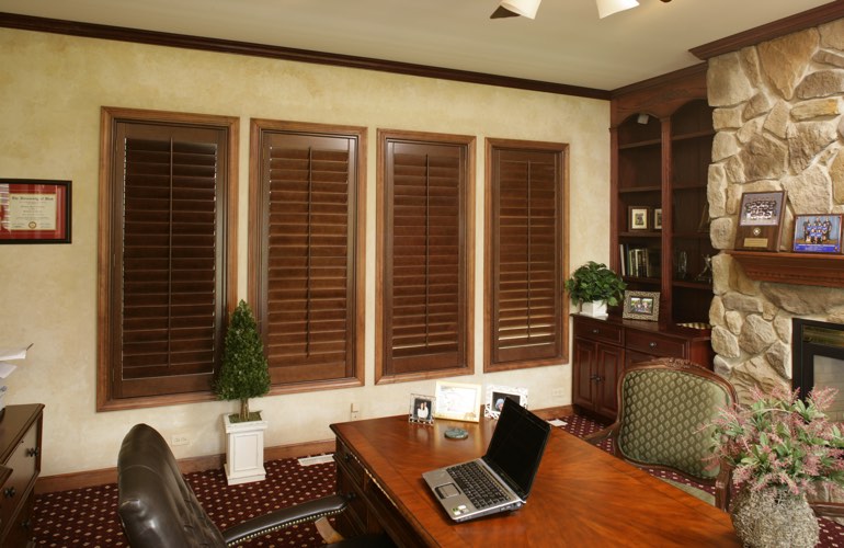 Hardwood plantation shutters in a Fort Lauderdale home office